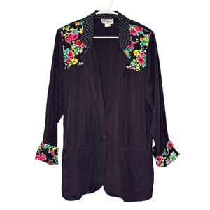 Paris Sport Club Vintage 80s 90s Oversized Black Blazer w/ Floral & Polka Dot M